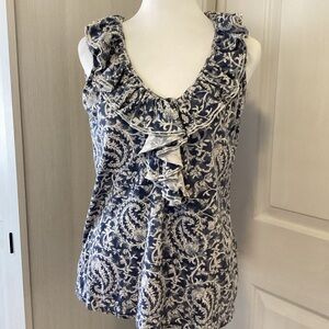 Ralph Lauren Navy and Cream Ruffle Blouse Sz XL